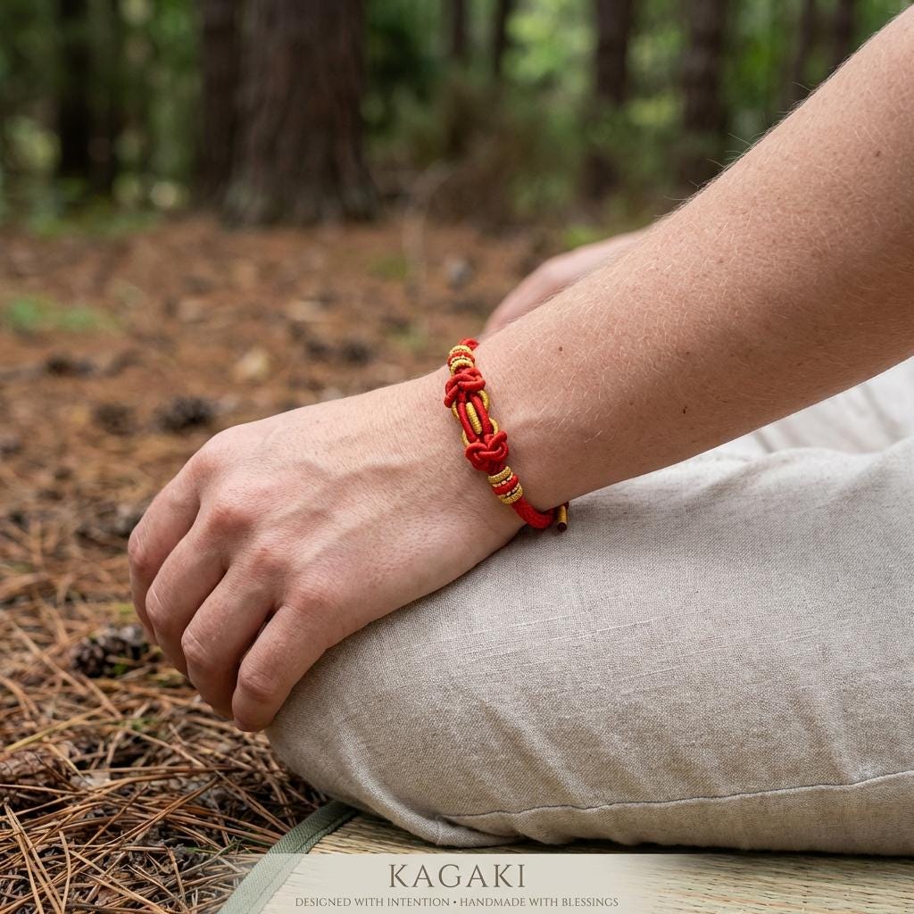 KAGAKI red string tibetan cord bracelet in warm red, gift packaging, for meditation and daily intention