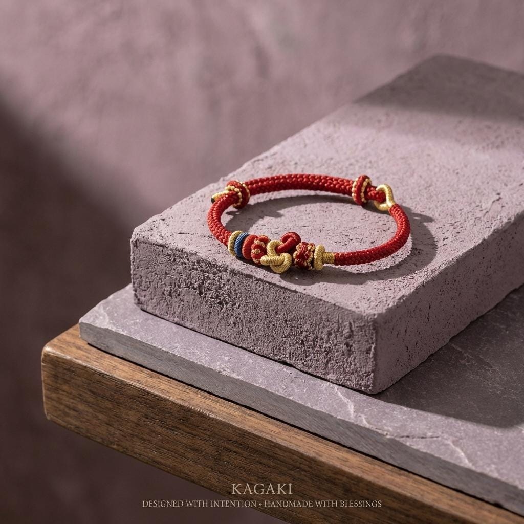 KAGAKI red string tibetan cord bracelet in warm red, gift packaging, for meditation and daily intention