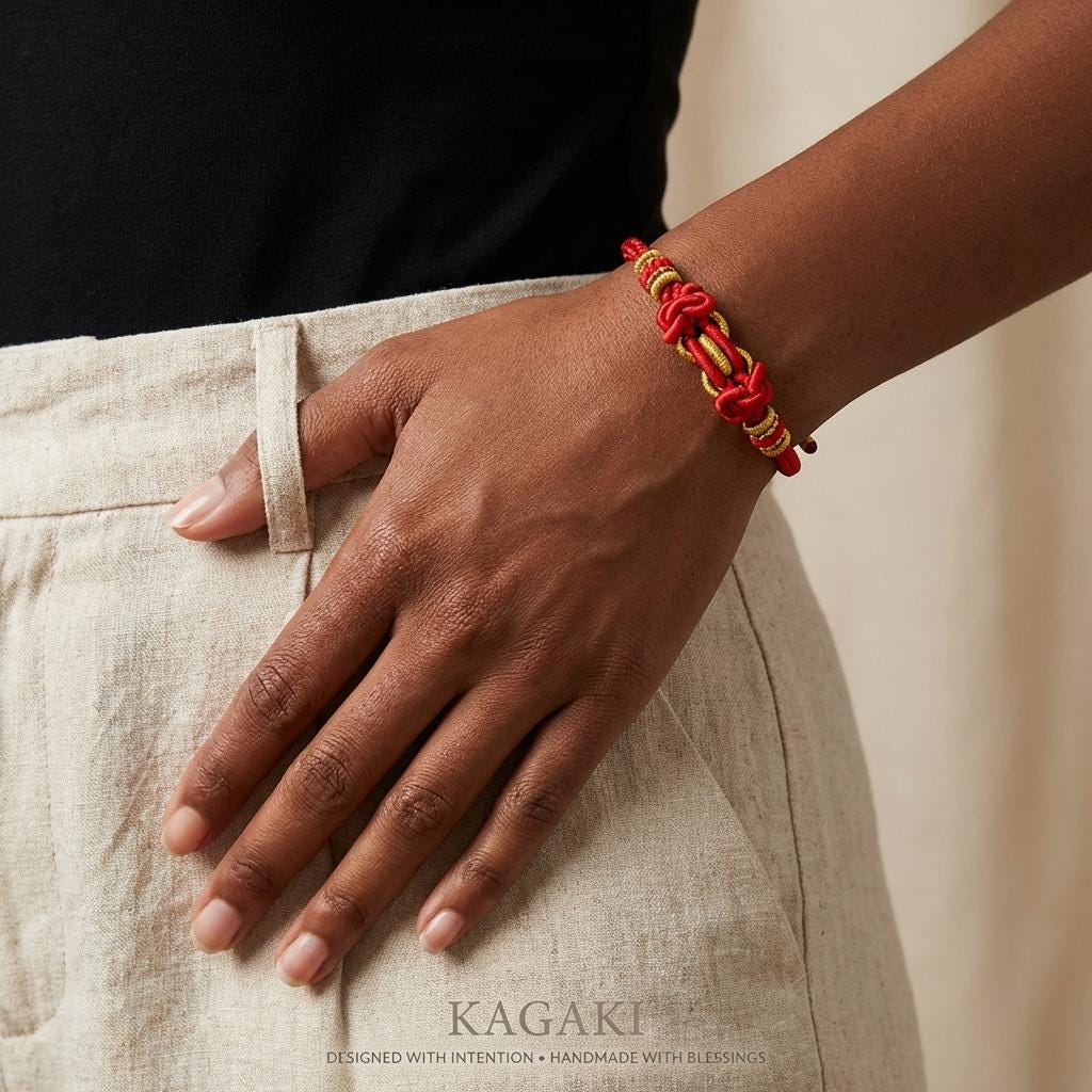 KAGAKI red string tibetan cord bracelet in warm red, knot detail, for meditation and daily intention