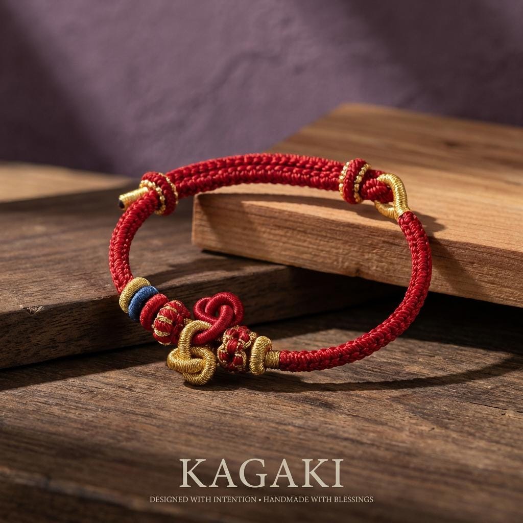 KAGAKI red string tibetan cord bracelet in warm red, knot detail, for meditation and daily intention