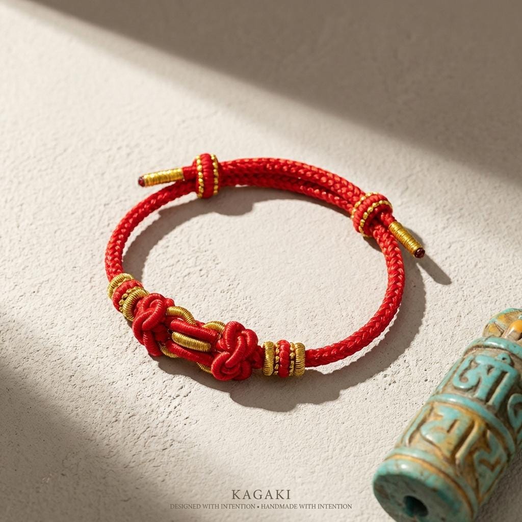 KAGAKI red string tibetan cord bracelet in warm red, main, for meditation and daily intention