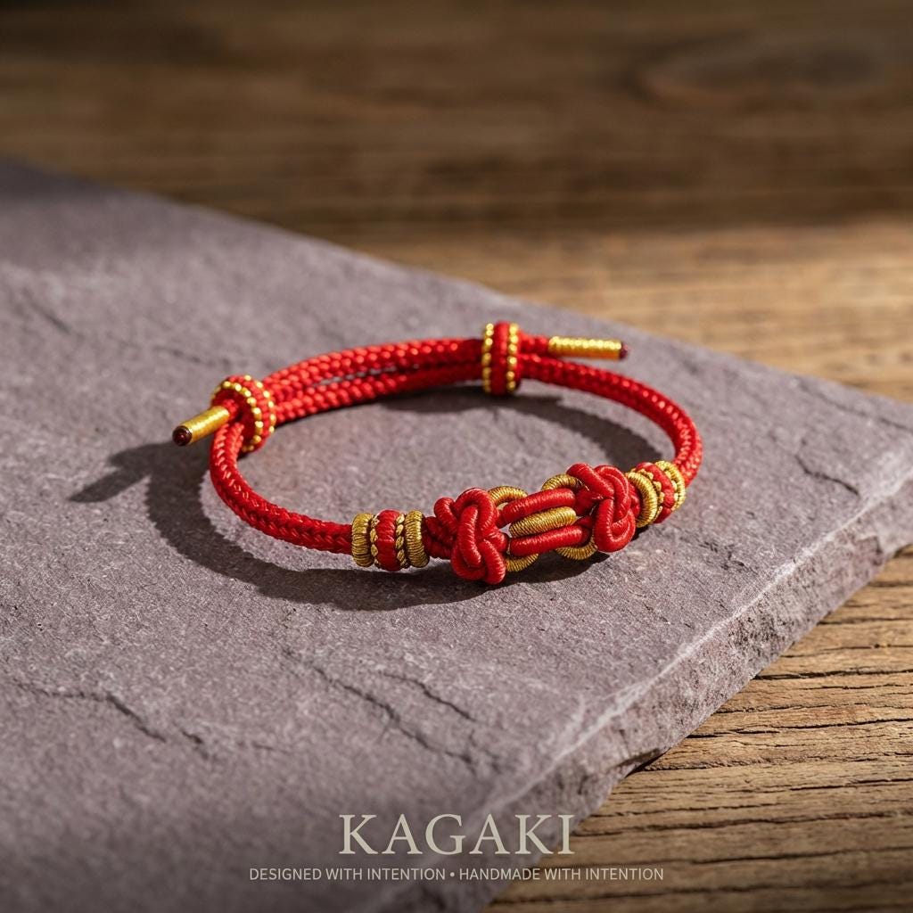 KAGAKI red string tibetan cord bracelet in warm red, on wrist, for meditation and daily intention