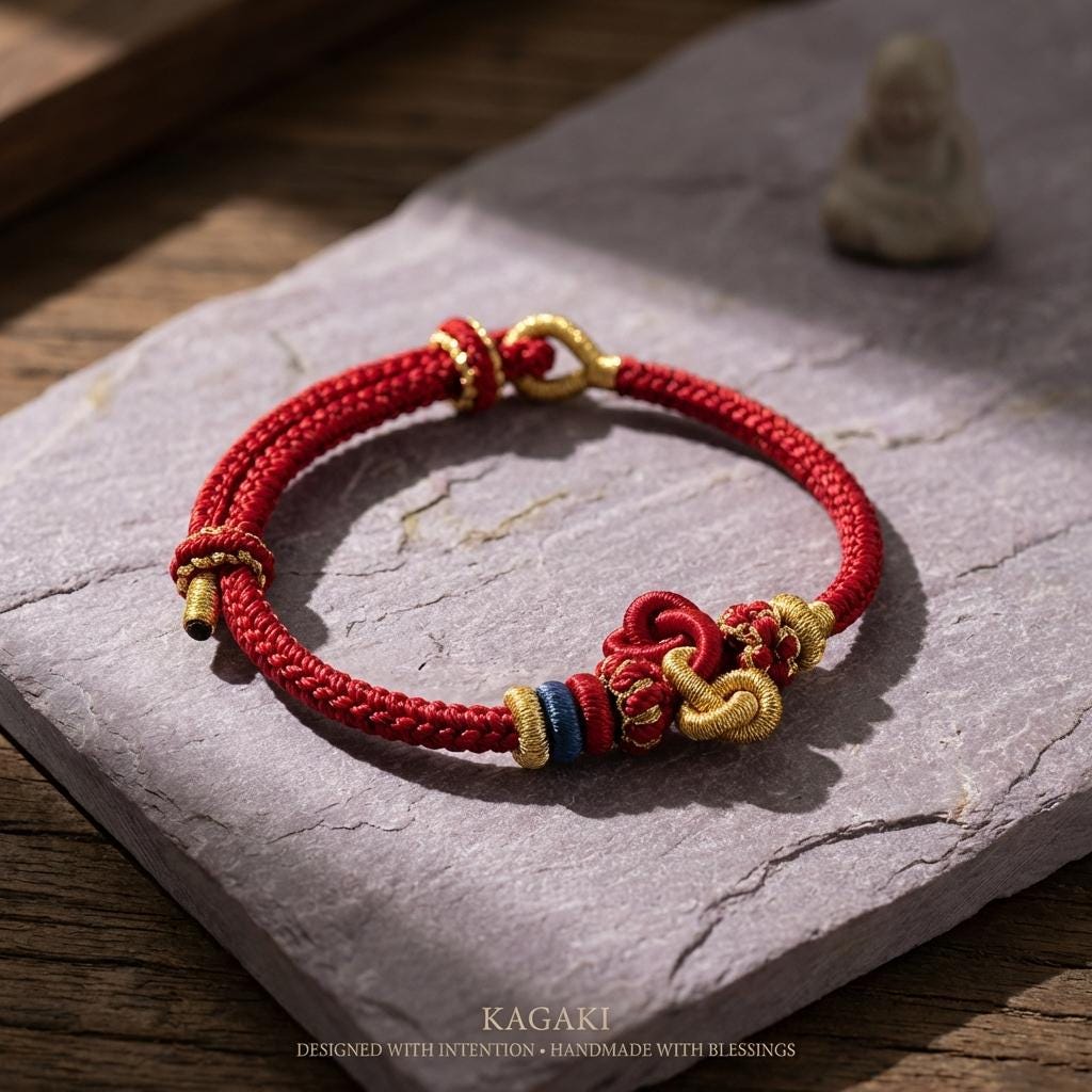 KAGAKI red string tibetan cord bracelet in warm red, on wrist, for meditation and daily intention