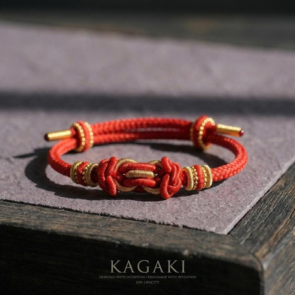 KAGAKI red string tibetan cord bracelet in warm red, packaging detail, for meditation and daily intention