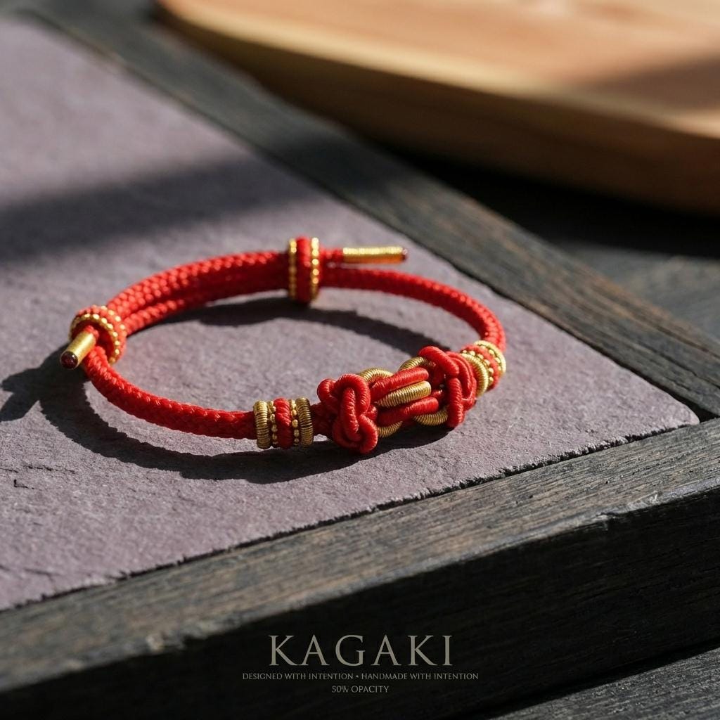 KAGAKI red string tibetan cord bracelet in warm red, scale on hand, for meditation and daily intention