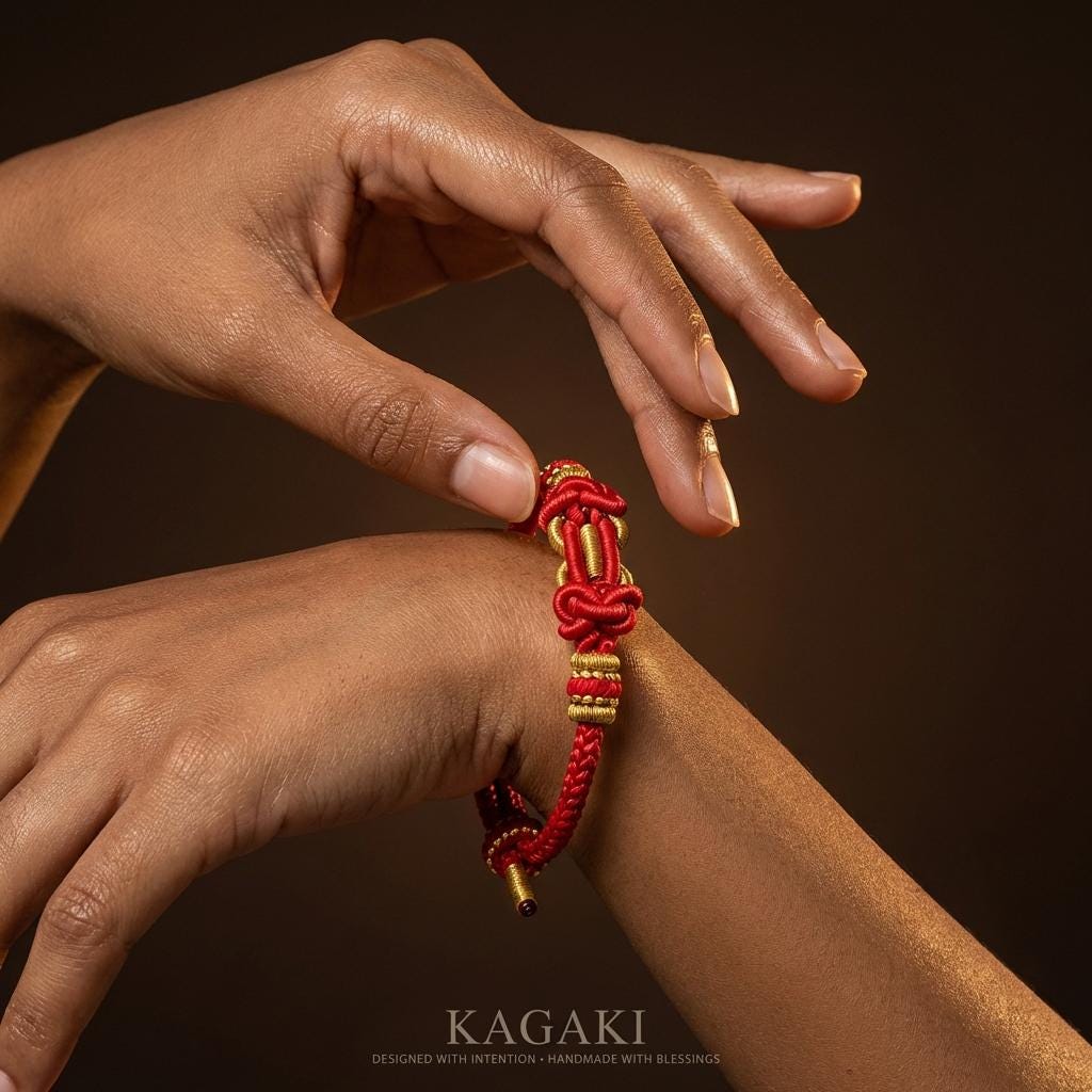 KAGAKI red string tibetan cord bracelet in warm red, variation showcase, for meditation and daily intention