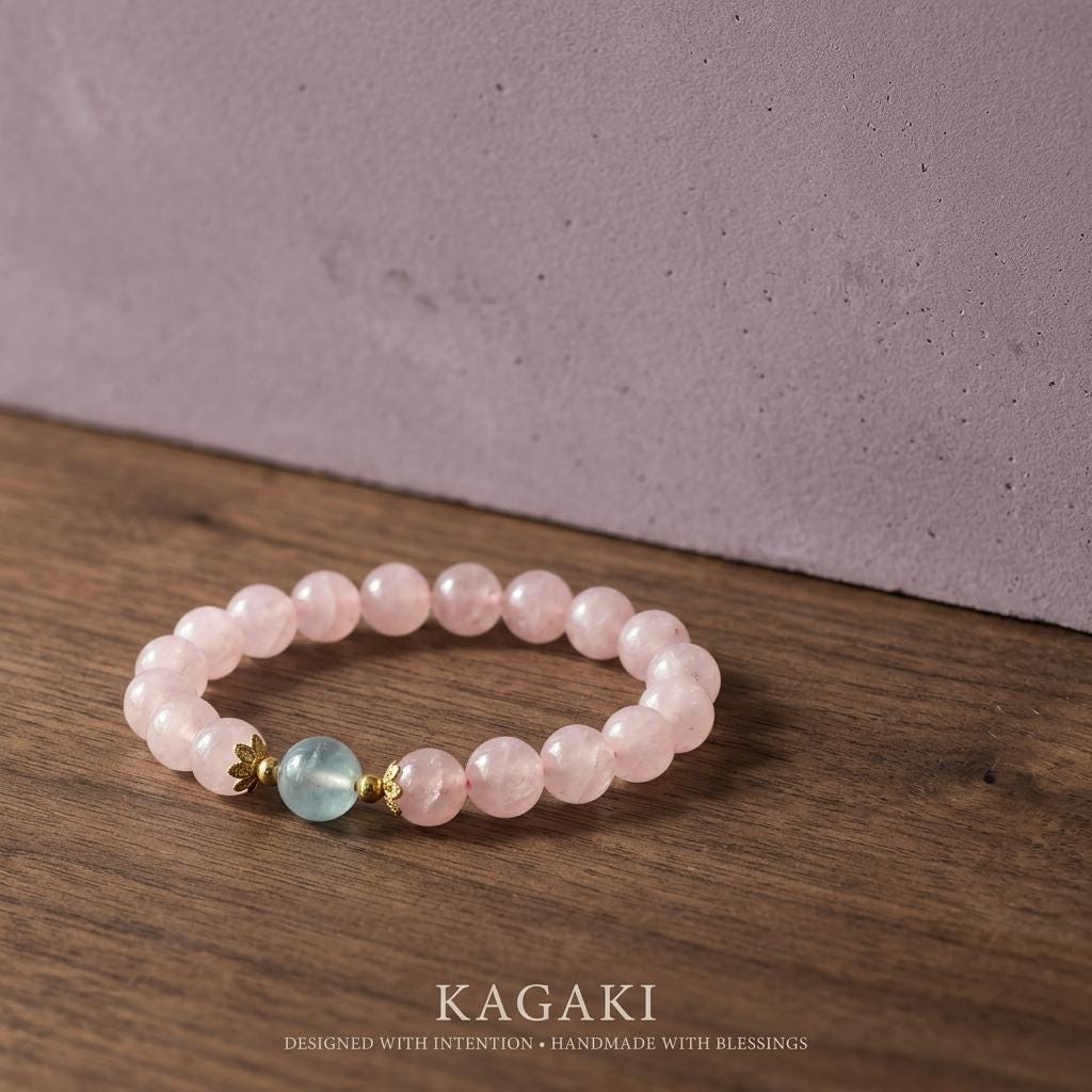 KAGAKI rose quartz blue accent bracelet in soft pink rose quartz with blue accents, alternate angle, for meditation and daily intention