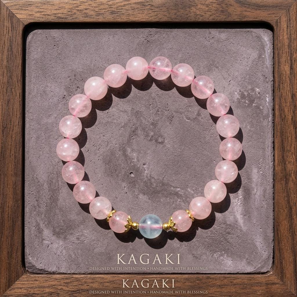 KAGAKI rose quartz blue accent bracelet in soft pink rose quartz with blue accents, main, for meditation and daily intention