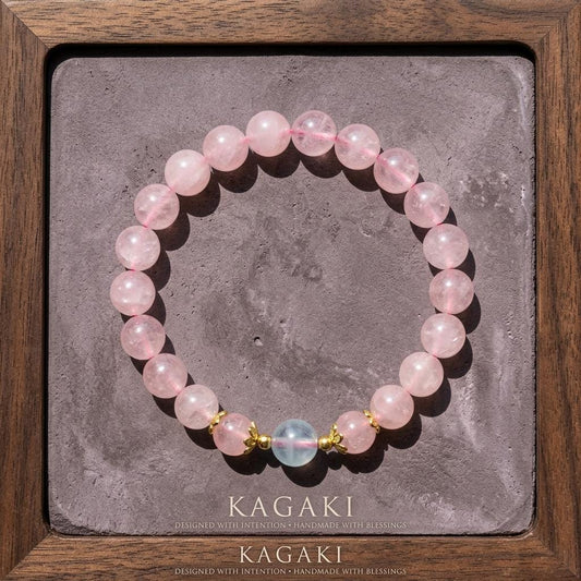 KAGAKI rose quartz blue accent bracelet in soft pink rose quartz with blue accents, main, for meditation and daily intention