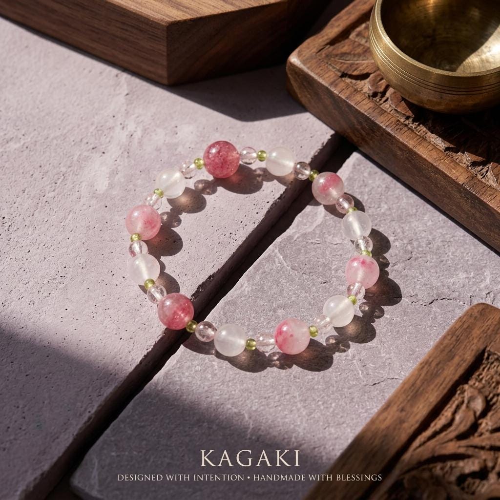 KAGAKI rose quartz pink crystal bracelet on natural stone surface for an editorial styling view