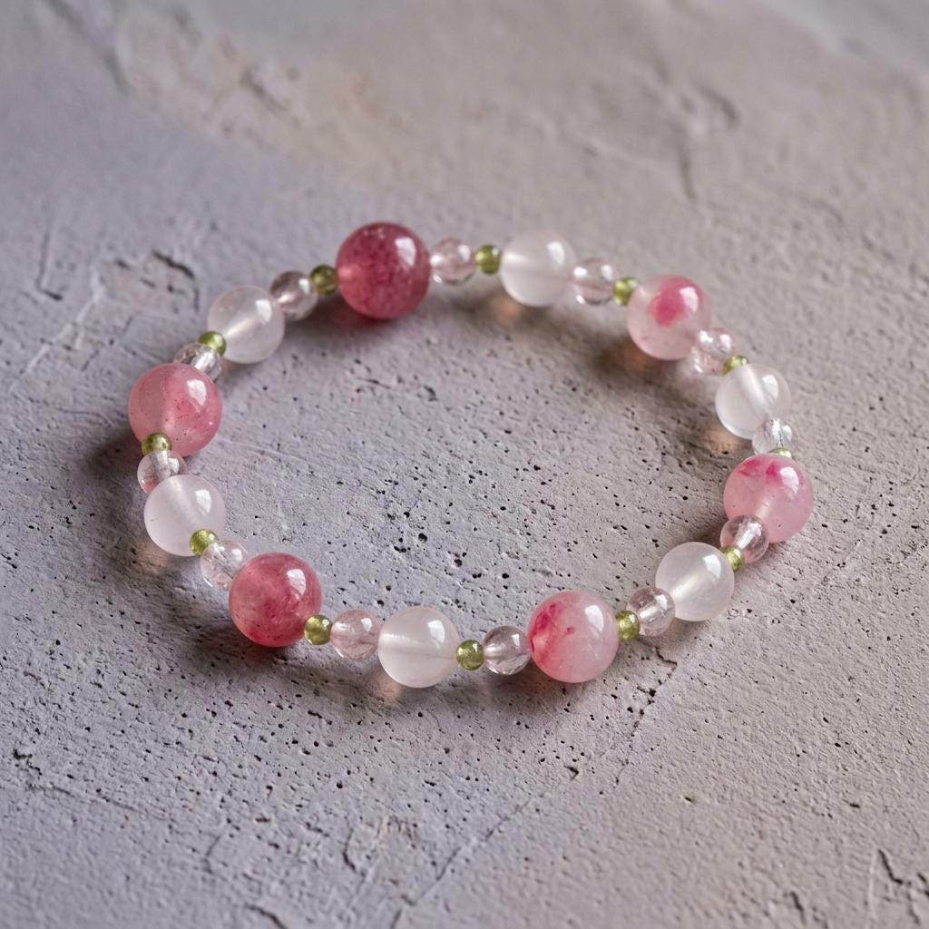 KAGAKI rose quartz beaded bracelet close-up detail showing soft pink crystal beads and green accent stones