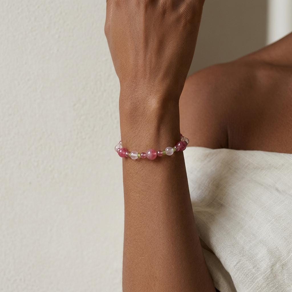 KAGAKI rose quartz beaded bracelet with pink crystal beads and green accents in handmade gift packaging
