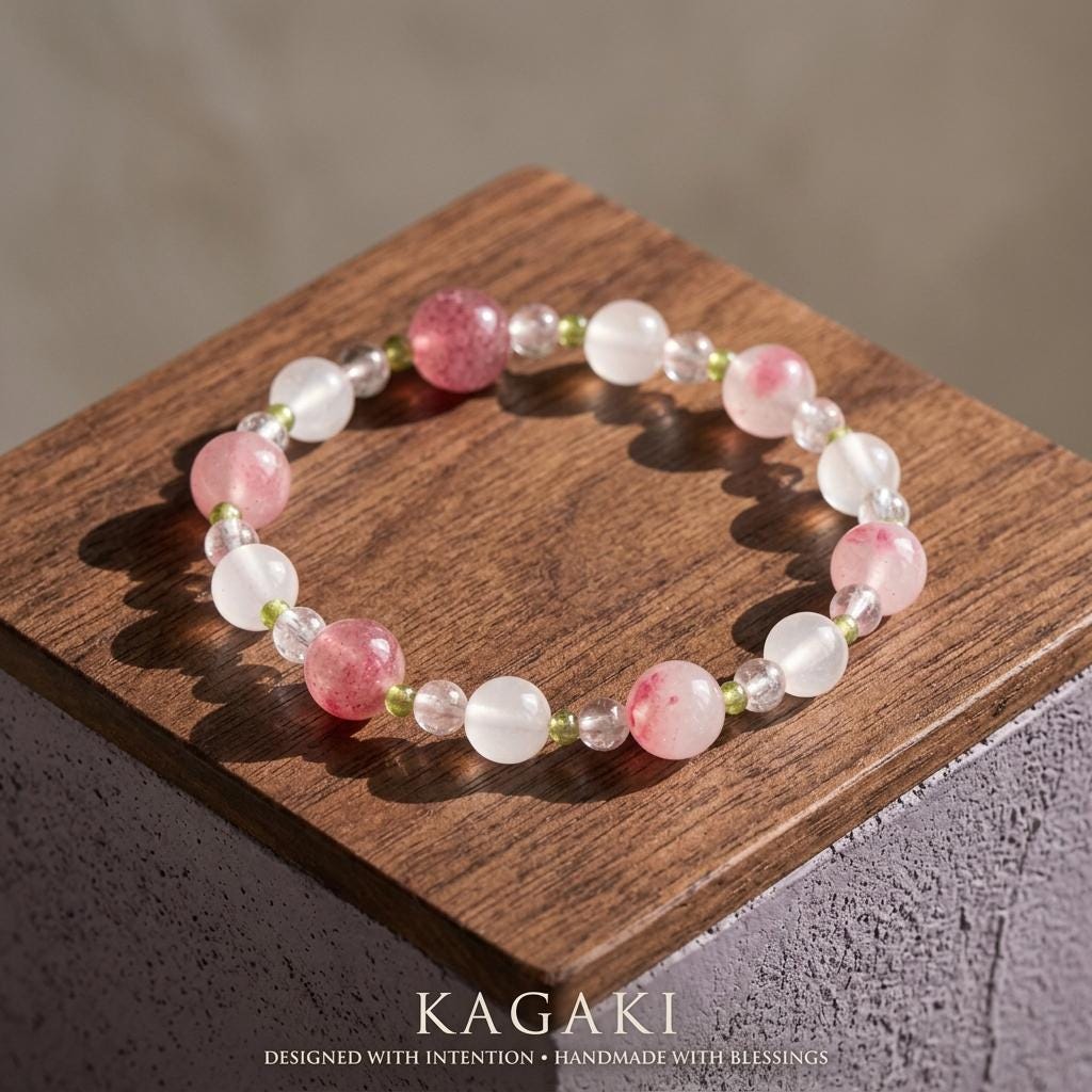 KAGAKI rose quartz beaded bracelet in soft pink crystal with green accent stones for a primary product view