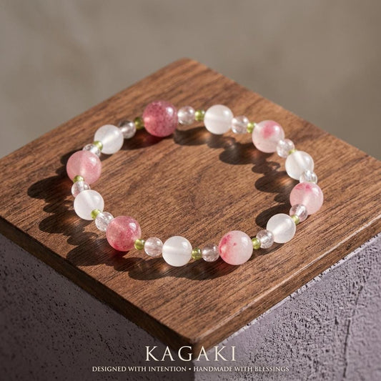 KAGAKI rose quartz beaded bracelet in soft pink crystal with green accent stones for a primary product view