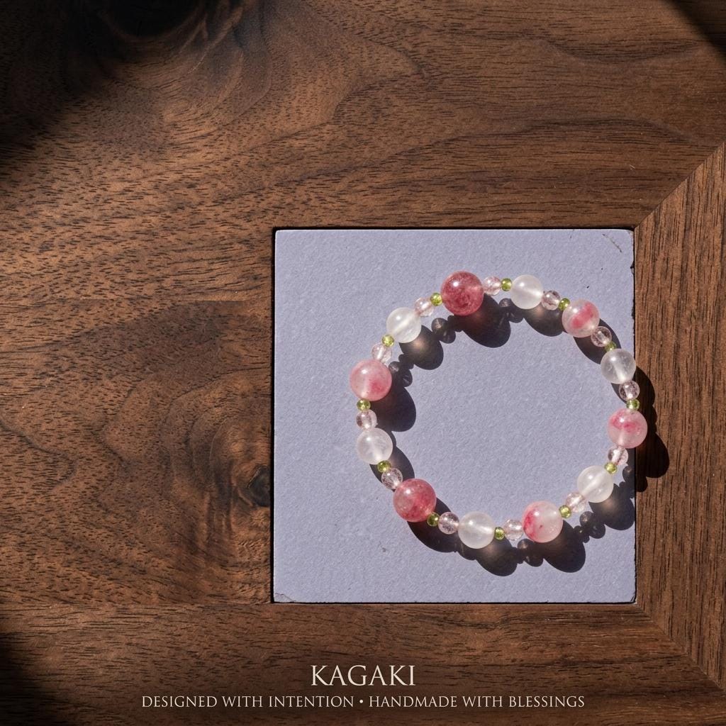 KAGAKI rose quartz beaded bracelet worn on wrist as a soft pink crystal bracelet for daily wear