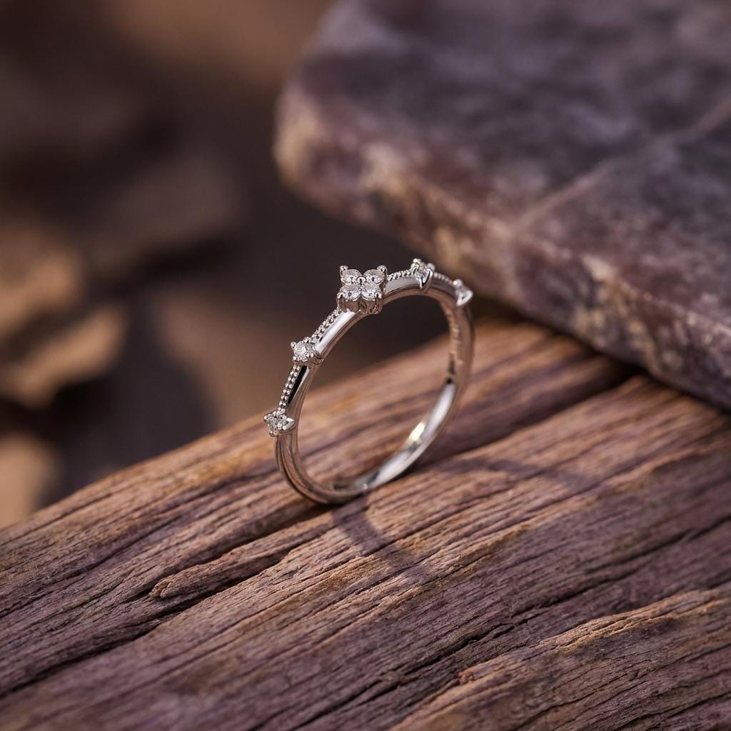 KAGAKI sterling silver clover diamond ring in sterling silver with diamond, on finger, for daily wear and gifting