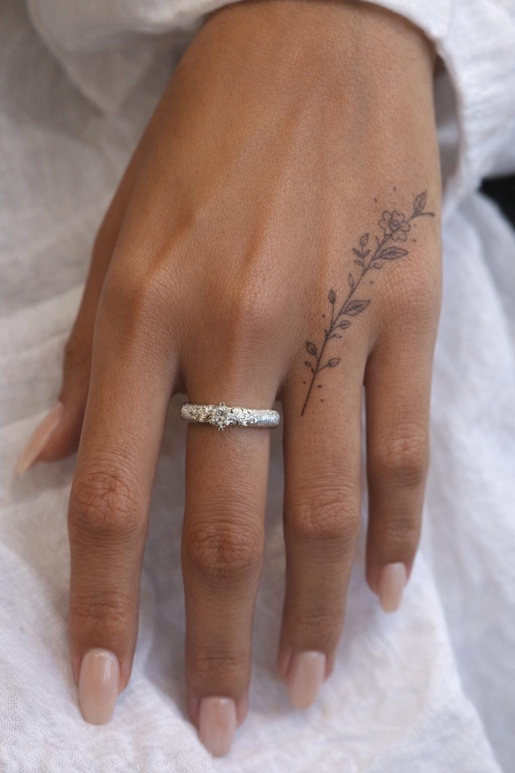 KAGAKI sterling silver floral diamond ring in sterling silver with lab-grown diamond, flat lay, for daily wear and gifting