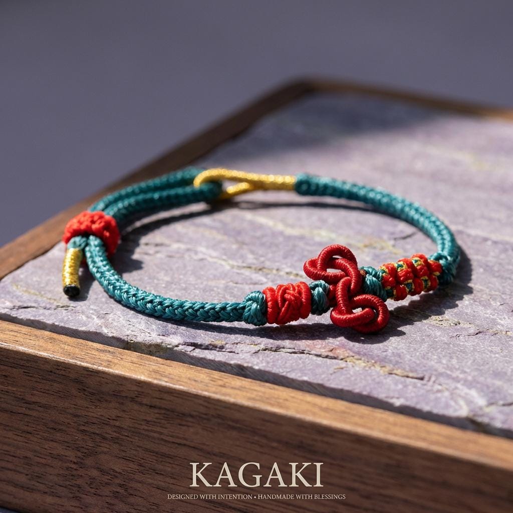 KAGAKI tibetan buddhist knot cord bracelet in multicolor, flat lay, for meditation and daily intention