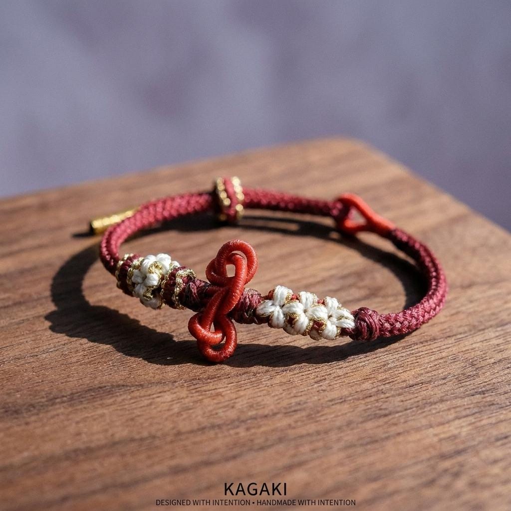 KAGAKI tibetan buddhist knot cord bracelet in multicolor, knot detail, for meditation and daily intention