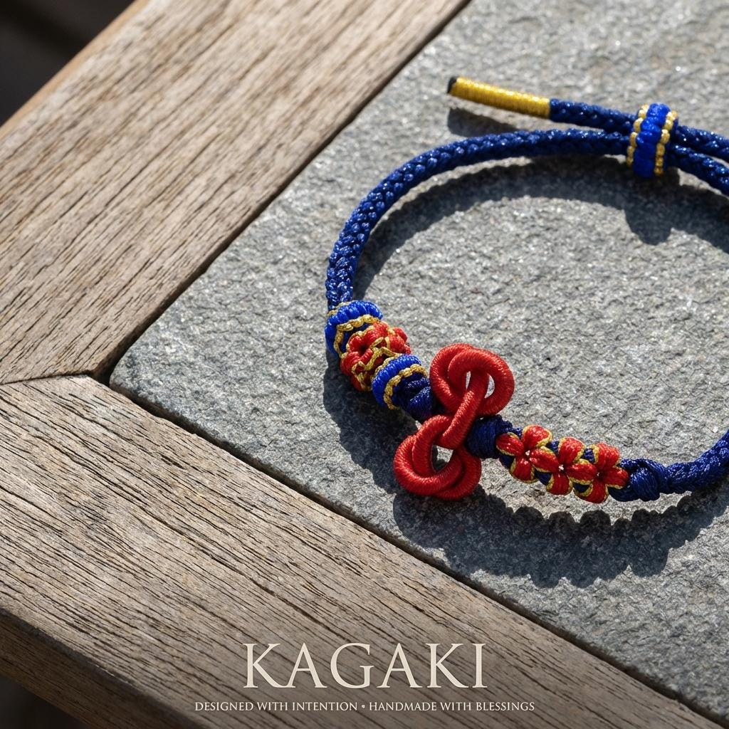 KAGAKI tibetan buddhist knot cord bracelet in multicolor, on wrist, for meditation and daily intention