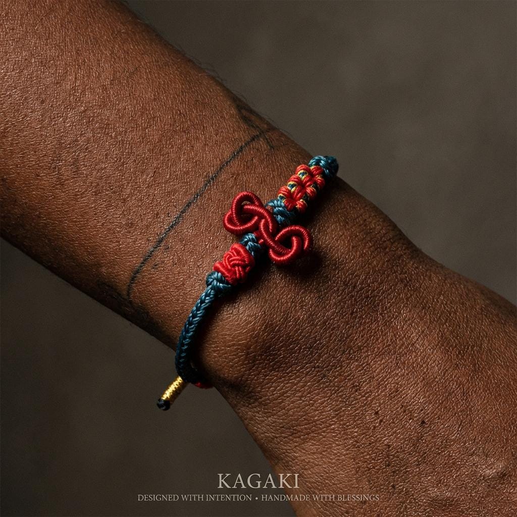KAGAKI tibetan buddhist knot cord bracelet in multicolor, packaging detail, for meditation and daily intention