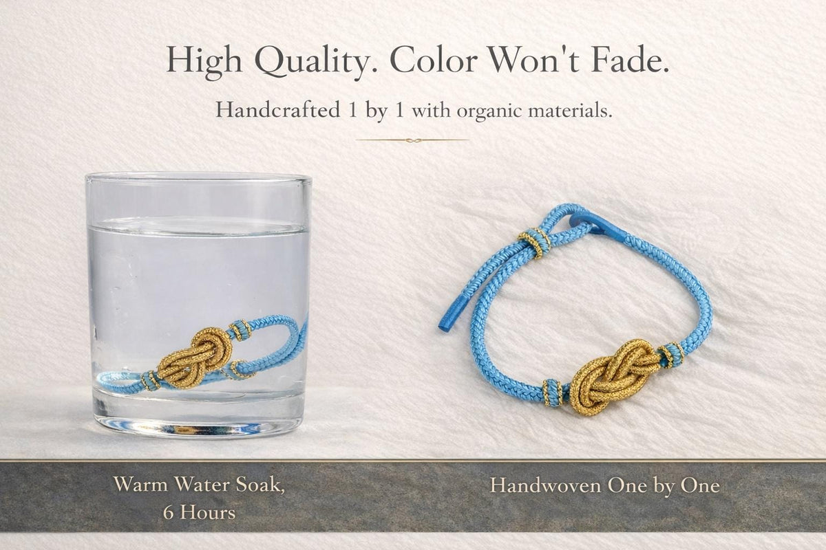 KAGAKI handmade cord bracelet — Tibetan Buddhist knot weave detail, handwoven texture close-up