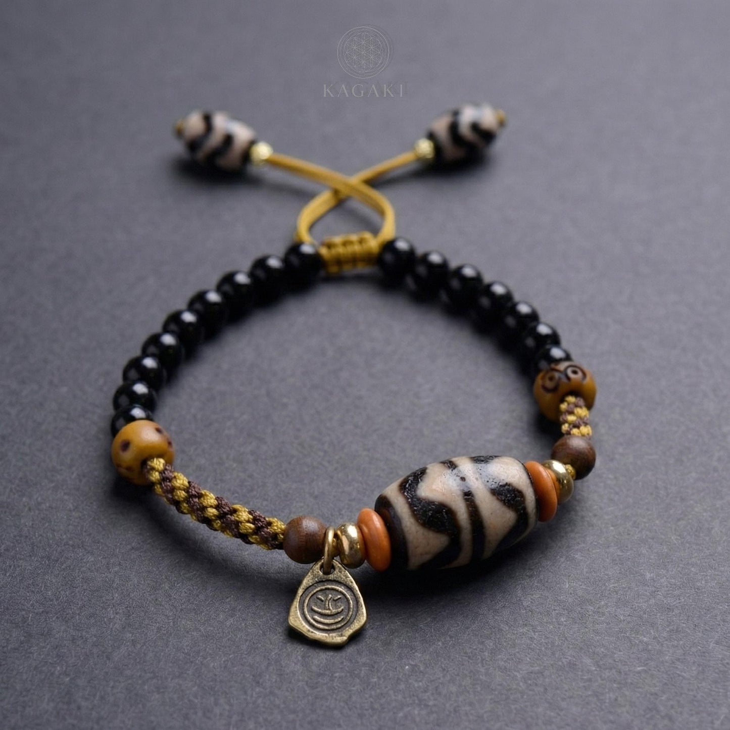 KAGAKI tibetan ceramic amulet cord bracelet in black with ceramic accent, alternate angle, for meditation and daily intention