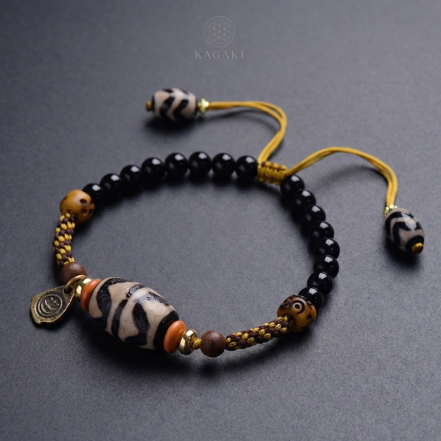 KAGAKI tibetan ceramic amulet cord bracelet in black with ceramic accent, gift packaging, for meditation and daily intention
