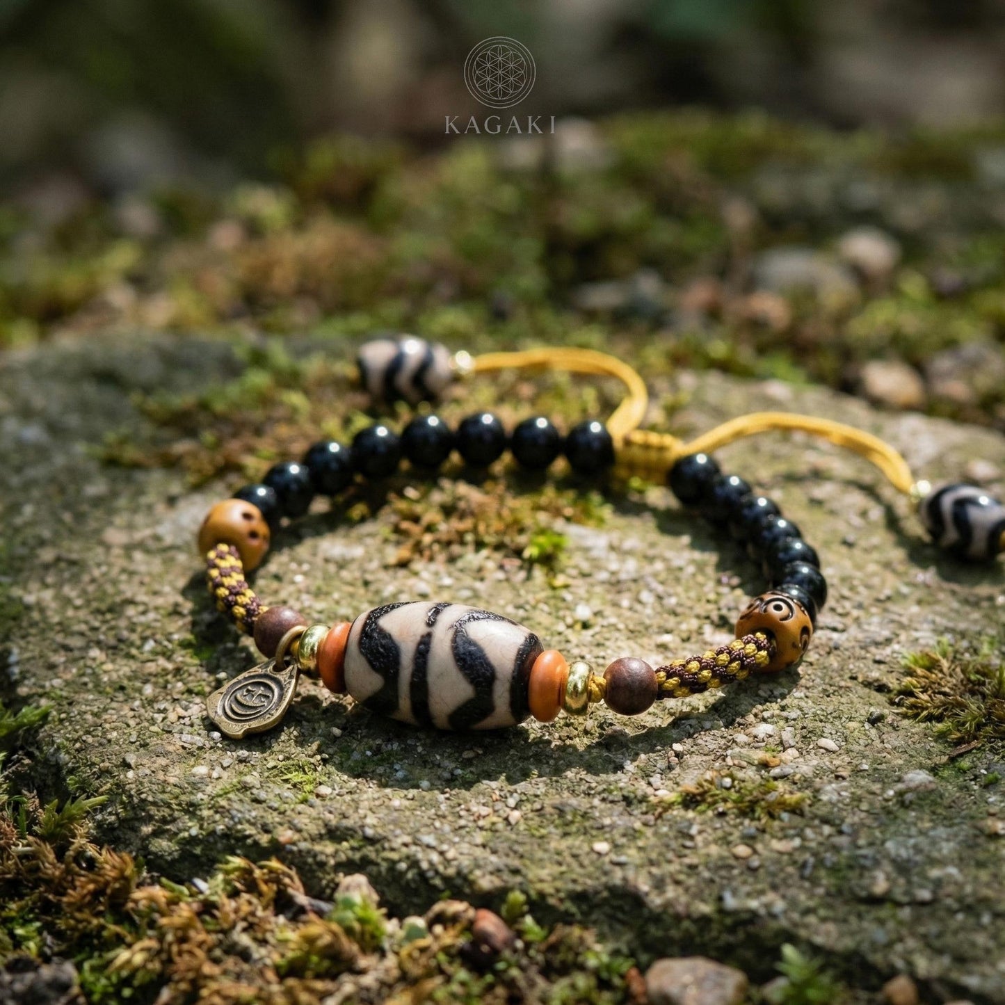 KAGAKI tibetan ceramic amulet cord bracelet in black with ceramic accent, knot detail, for meditation and daily intention