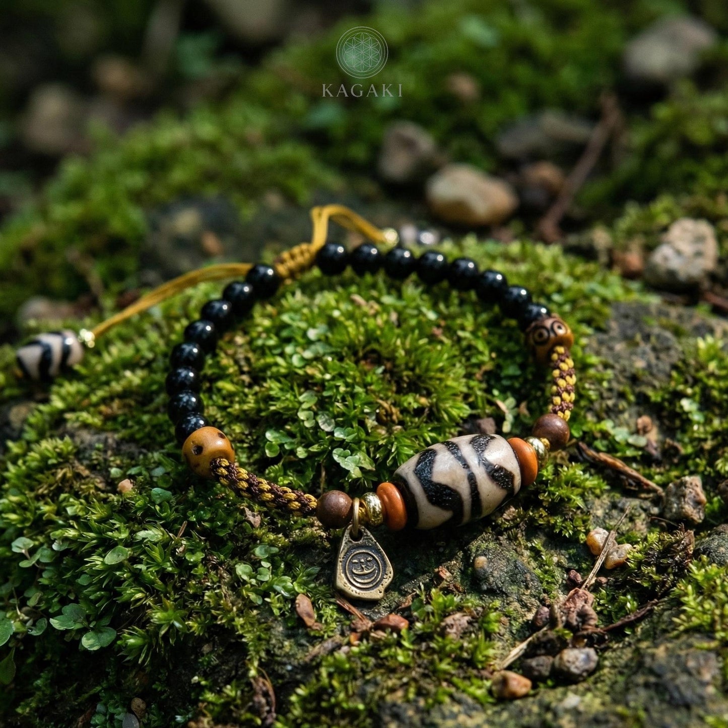 KAGAKI tibetan ceramic amulet cord bracelet in black with ceramic accent, variation showcase, for meditation and daily intention