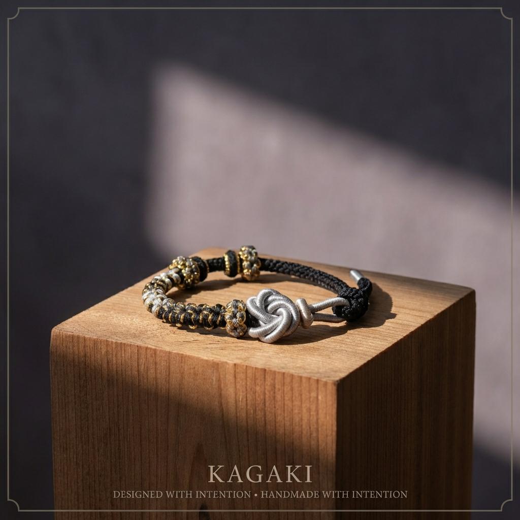 KAGAKI tibetan colorful knot bracelet (variants) in multicolor, flat lay, for meditation and daily intention