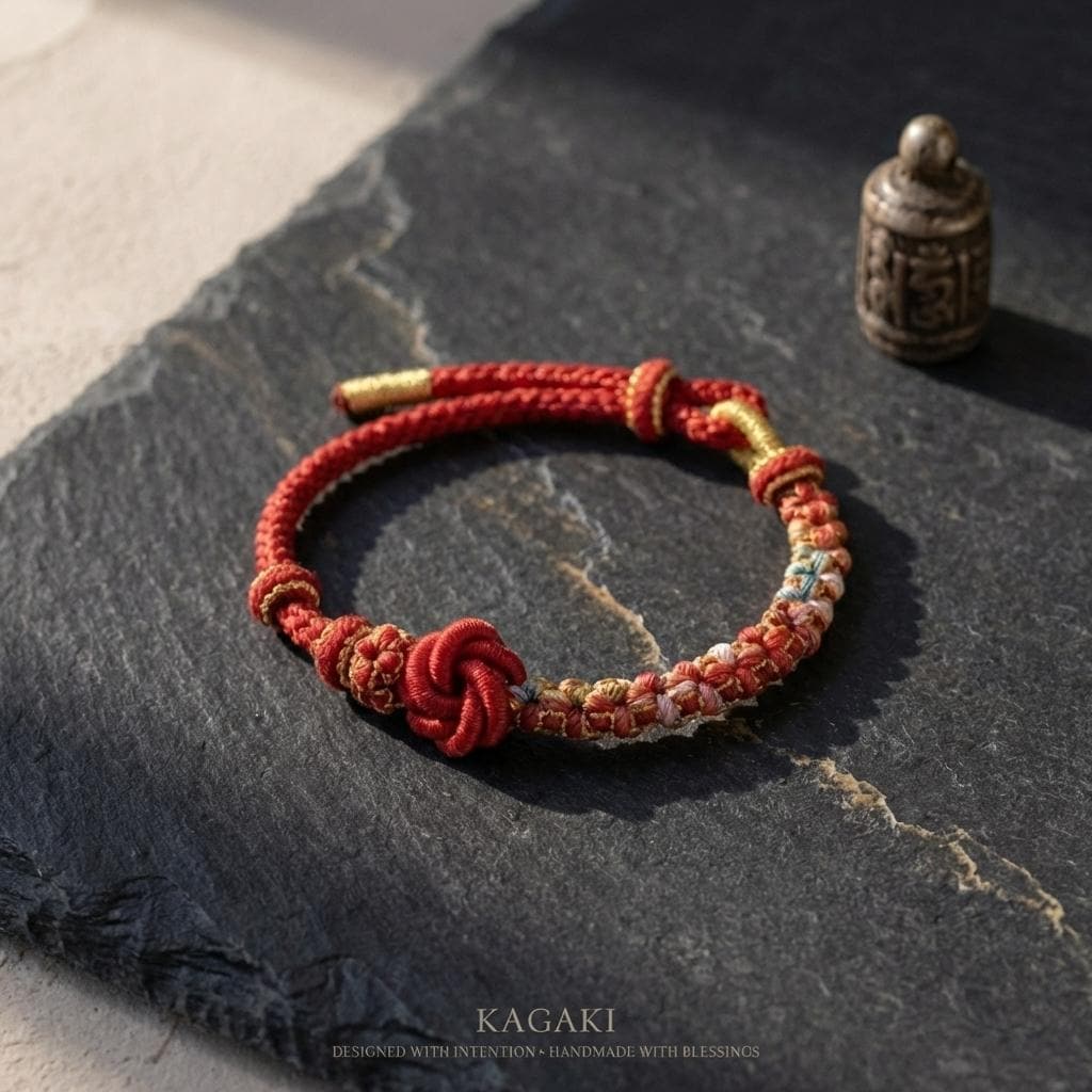 KAGAKI tibetan colorful knot bracelet (variants) in multicolor, weave detail, for meditation and daily intention