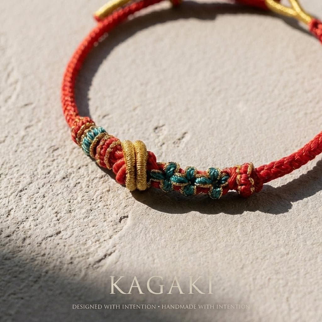 KAGAKI tibetan colorful knot cord bracelet in multicolor, alternate angle, for meditation and daily intention