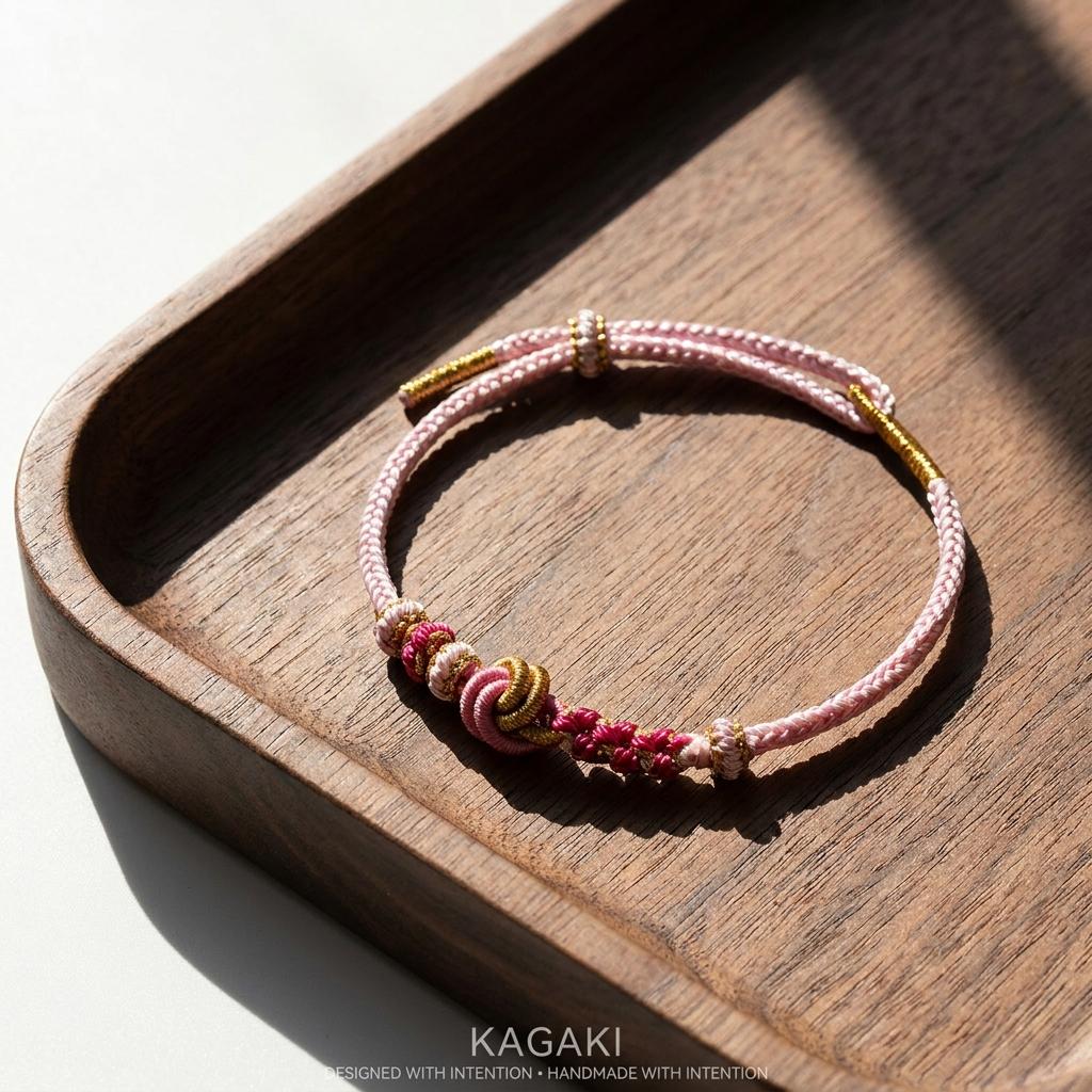 KAGAKI tibetan colorful knot cord bracelet in multicolor, flat lay, for meditation and daily intention