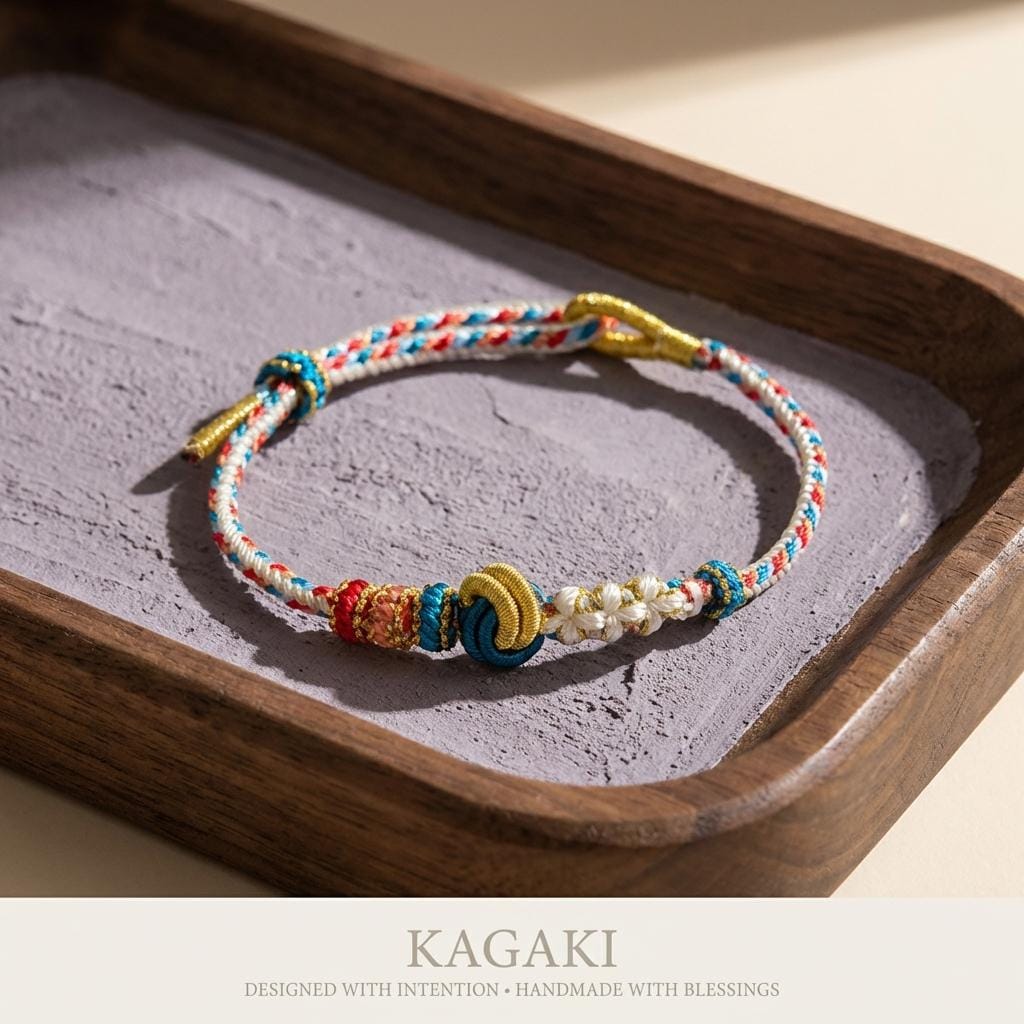 KAGAKI tibetan colorful knot cord bracelet in multicolor, on wrist, for meditation and daily intention
