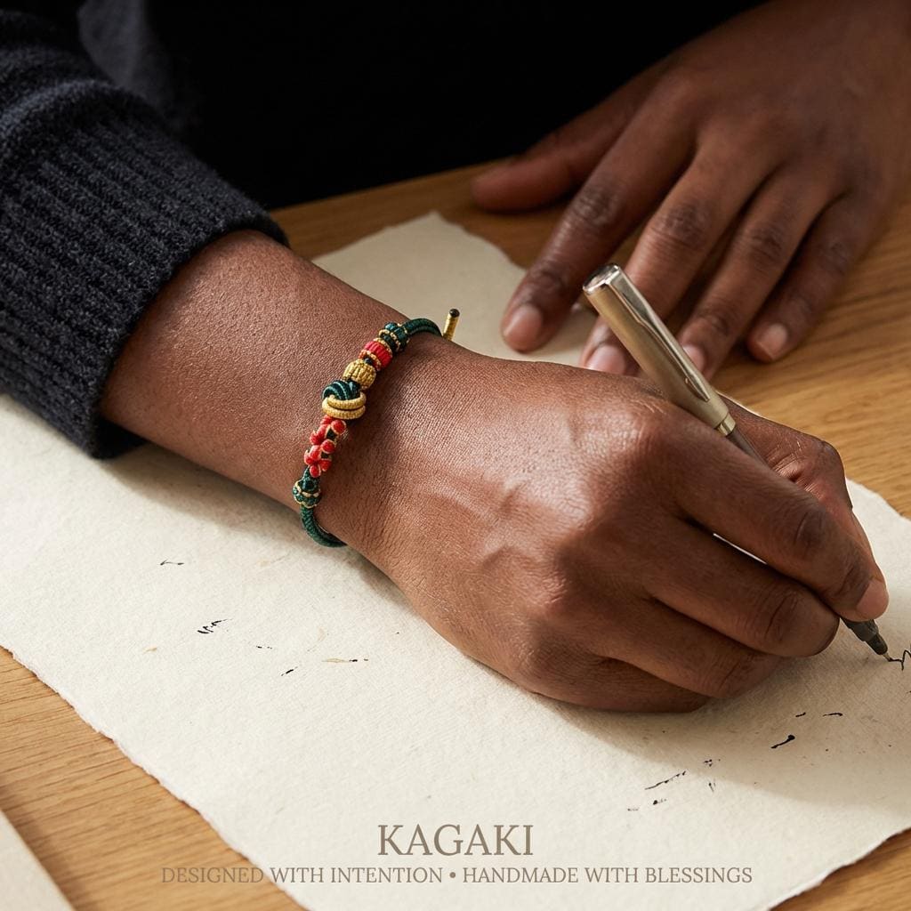 KAGAKI tibetan colorful knot cord bracelet in multicolor, packaging detail, for meditation and daily intention