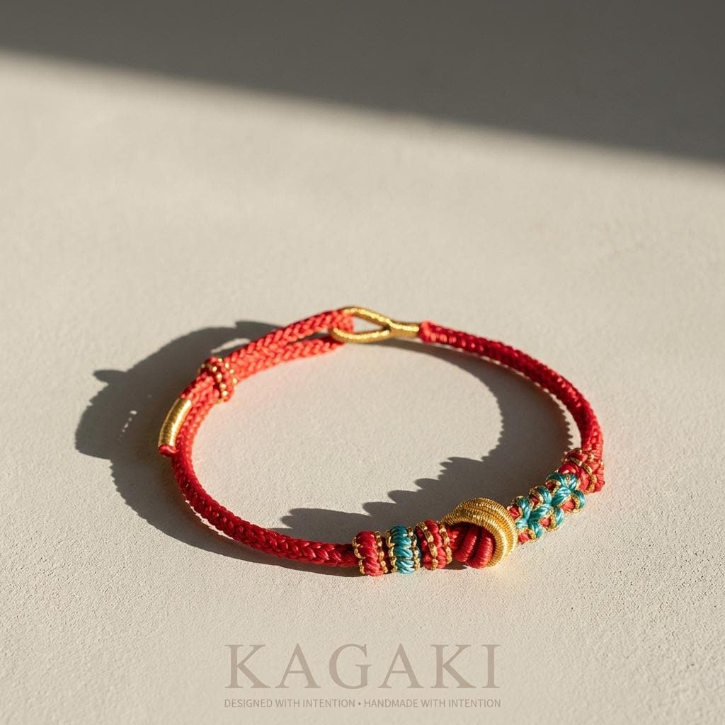 KAGAKI tibetan colorful knot cord bracelet in multicolor, weave detail, for meditation and daily intention
