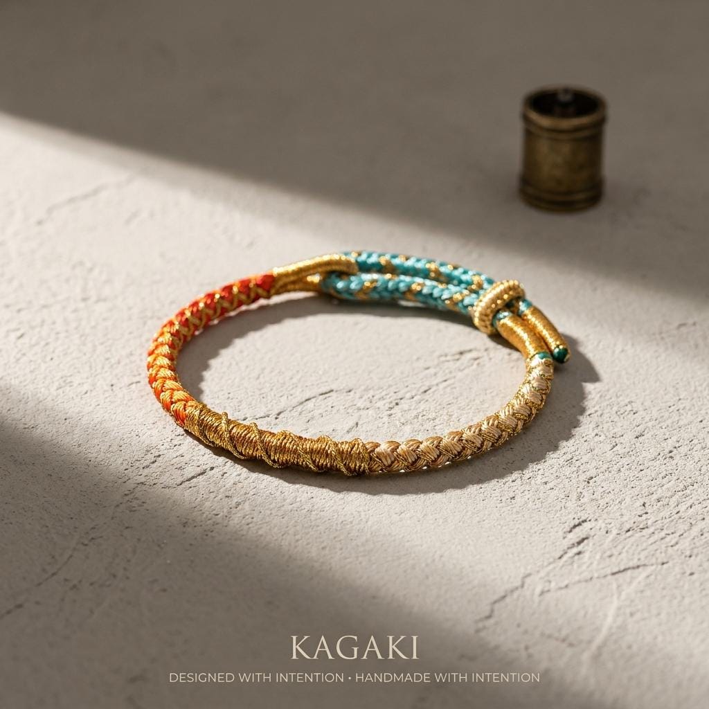 KAGAKI tibetan cord couple bracelet in multicolor, alternate angle, for meditation and daily intention