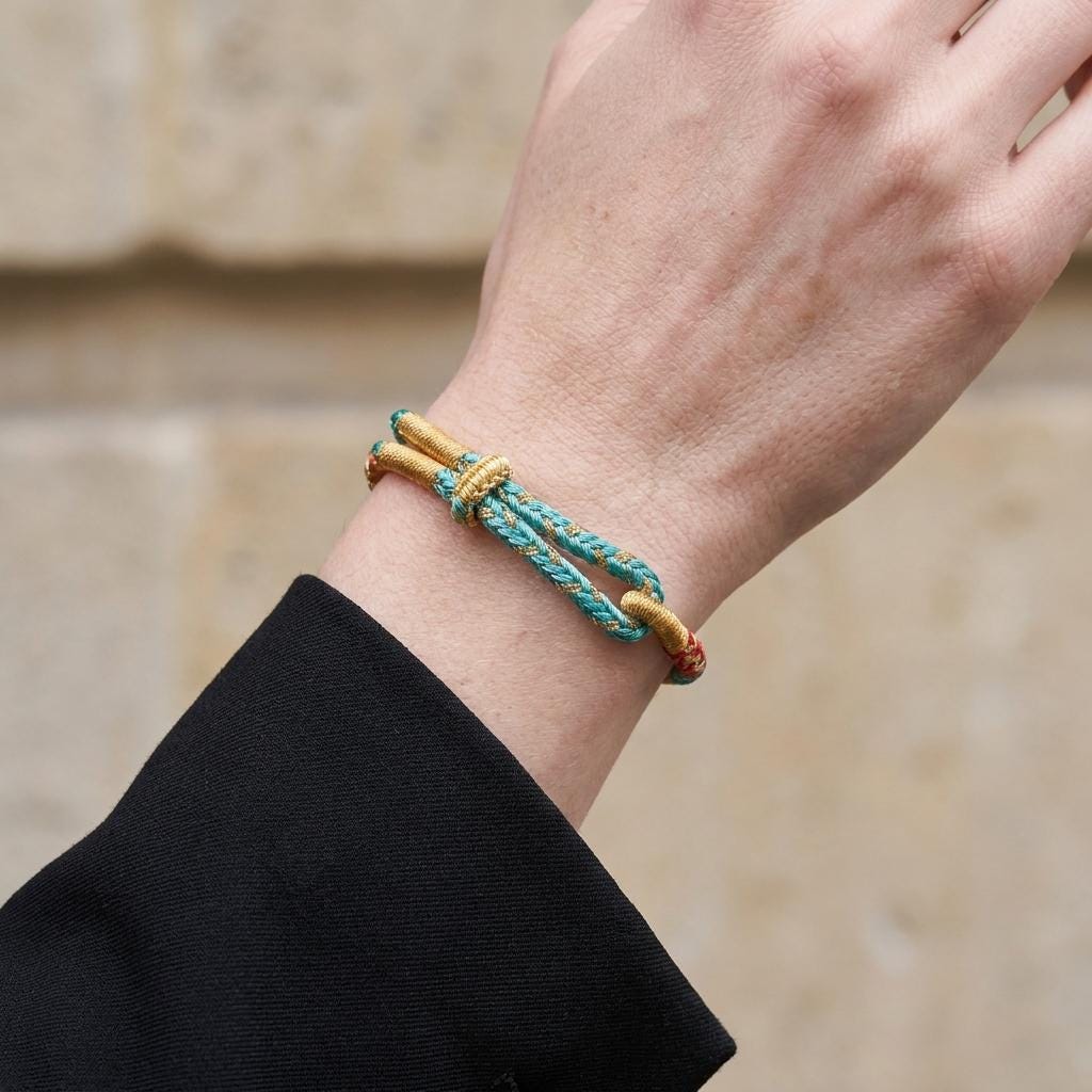 KAGAKI tibetan cord couple bracelet in multicolor, flat lay, for meditation and daily intention