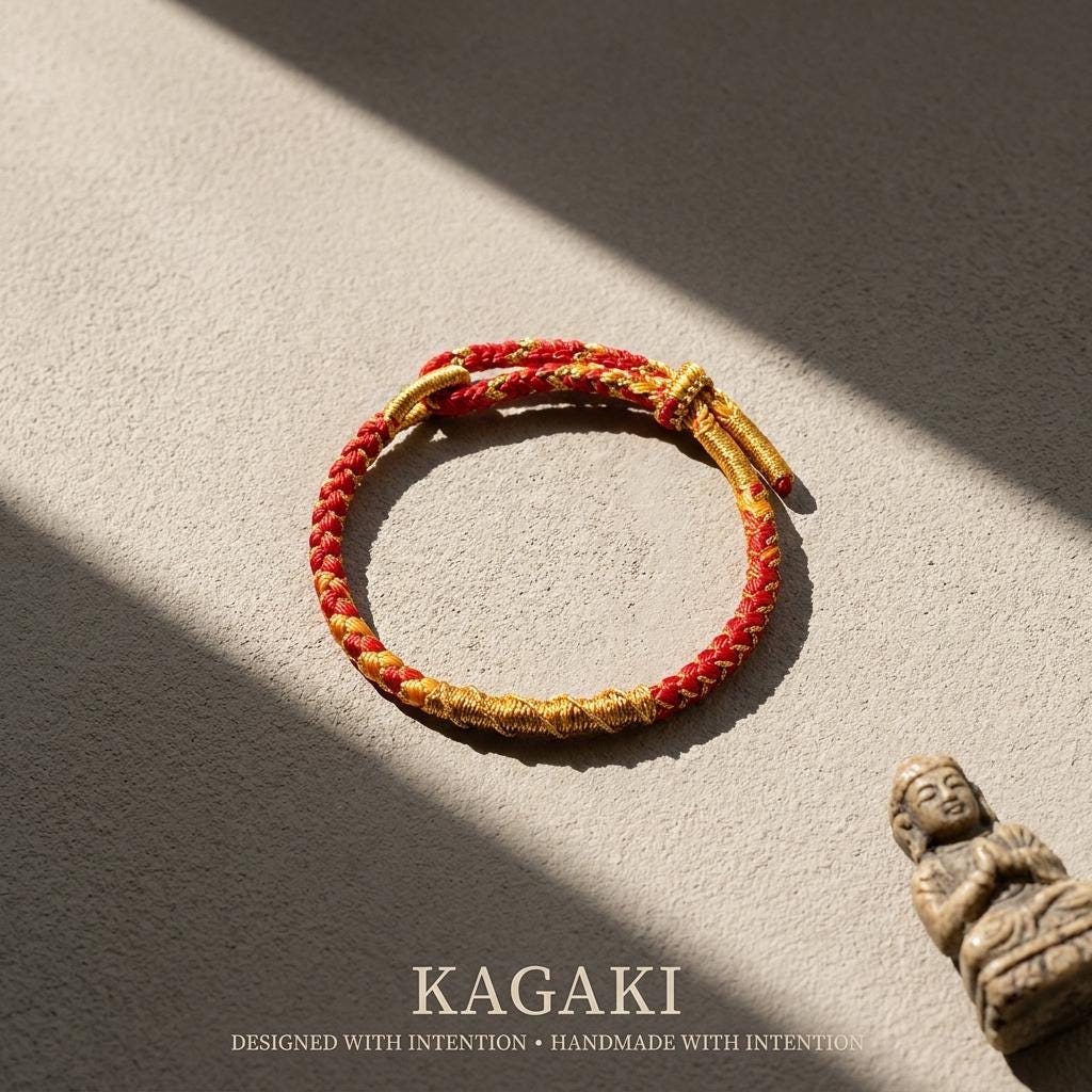 KAGAKI tibetan cord couple bracelet in multicolor, packaging detail, for meditation and daily intention