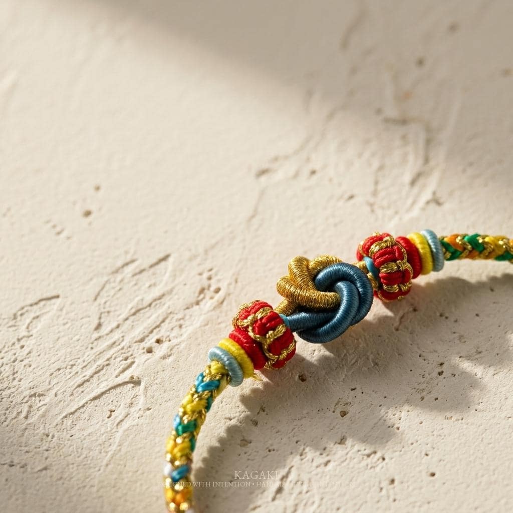 KAGAKI tibetan cord friendship bracelet in multicolor, alternate angle, for meditation and daily intention