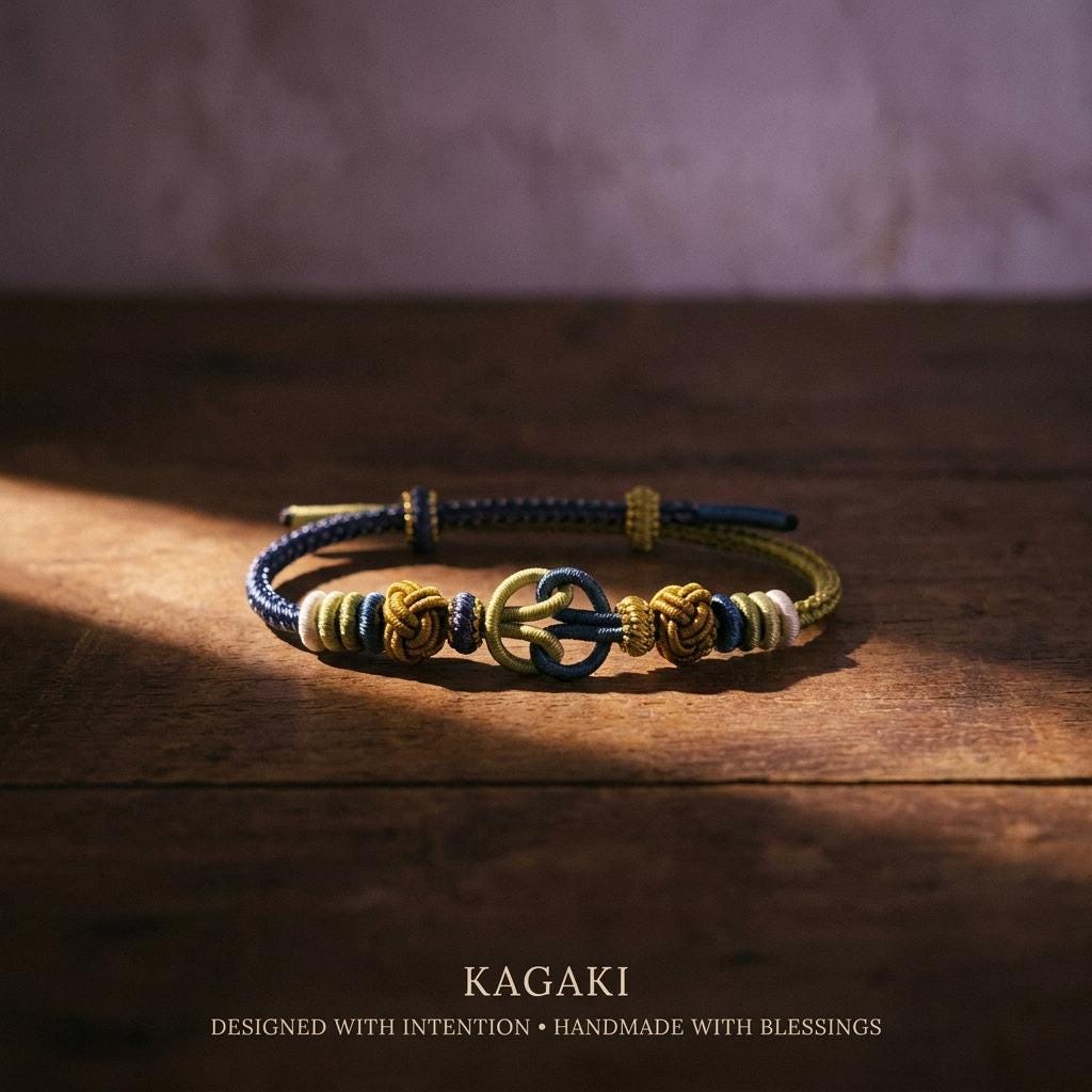 KAGAKI tibetan cord friendship bracelet in multicolor, flat lay, for meditation and daily intention