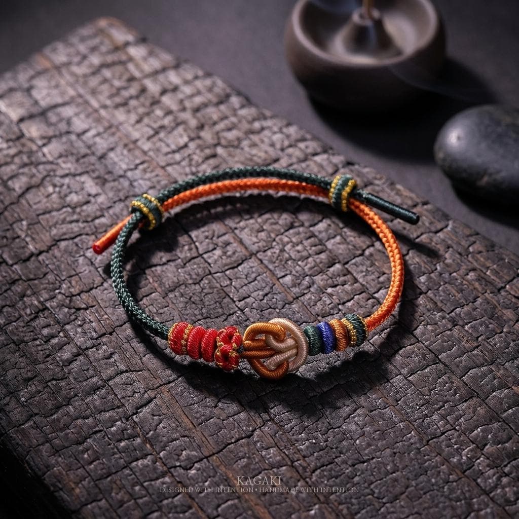 KAGAKI tibetan cord friendship bracelet in multicolor, knot detail, for meditation and daily intention