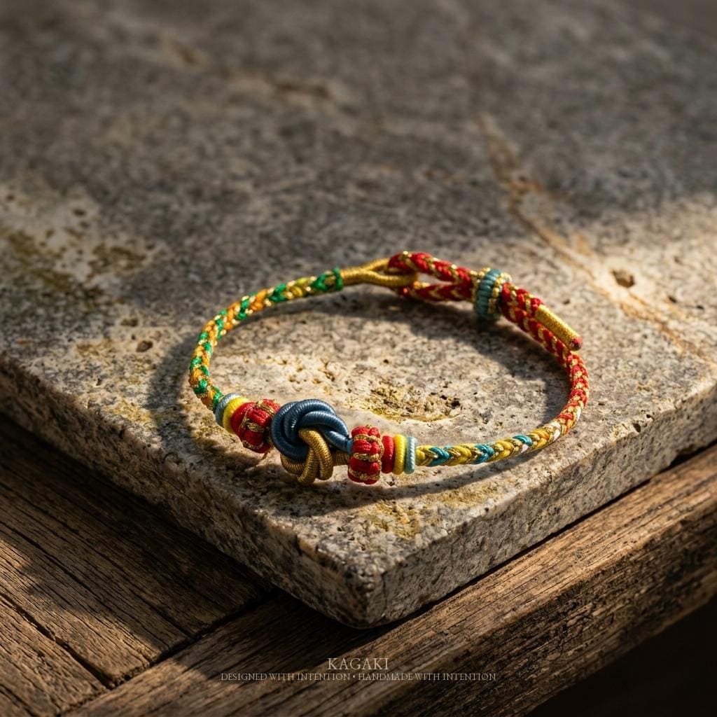 KAGAKI tibetan cord friendship bracelet in multicolor, knot detail, for meditation and daily intention