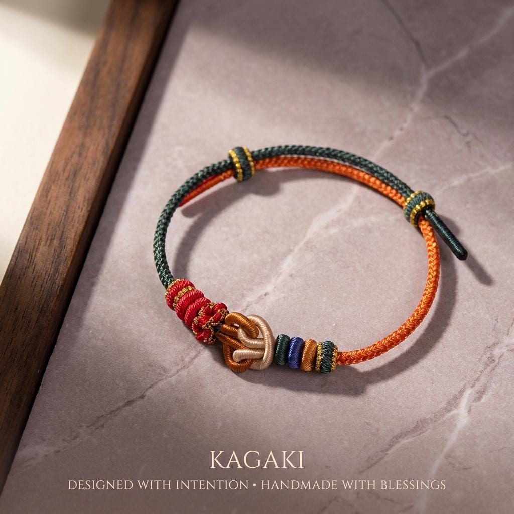 KAGAKI tibetan cord friendship bracelet in multicolor, on wrist, for meditation and daily intention
