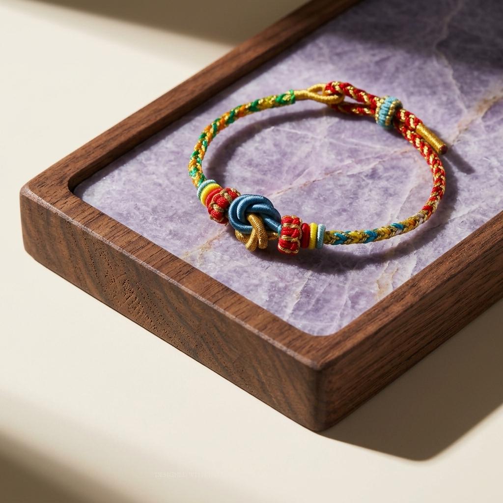 KAGAKI tibetan cord friendship bracelet in multicolor, on wrist, for meditation and daily intention