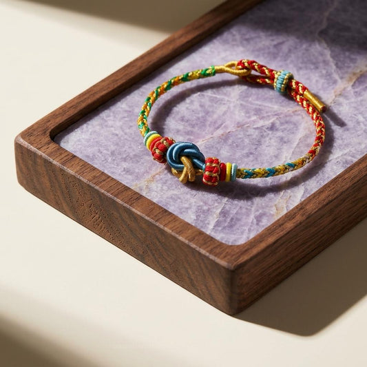 KAGAKI tibetan cord friendship bracelet in multicolor, on wrist, for meditation and daily intention