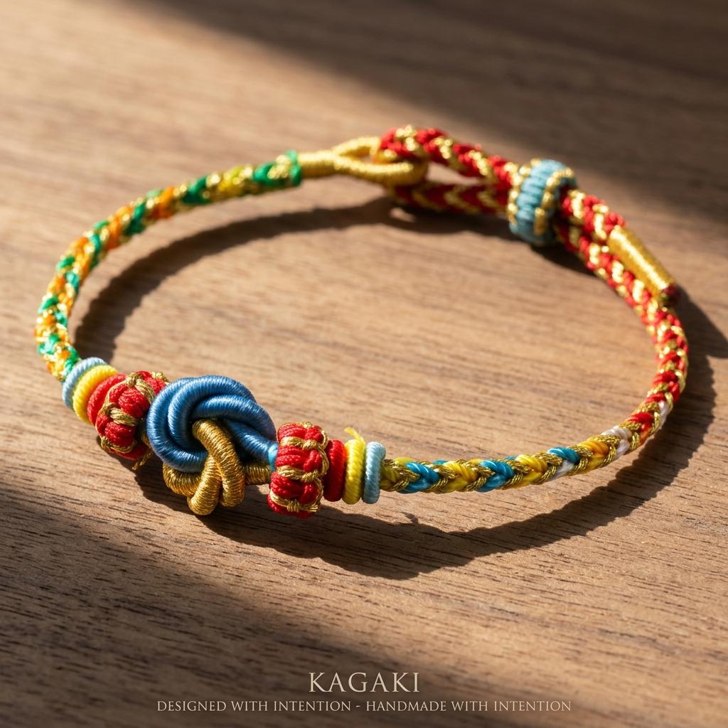 KAGAKI tibetan cord friendship bracelet in multicolor, scale on hand, for meditation and daily intention