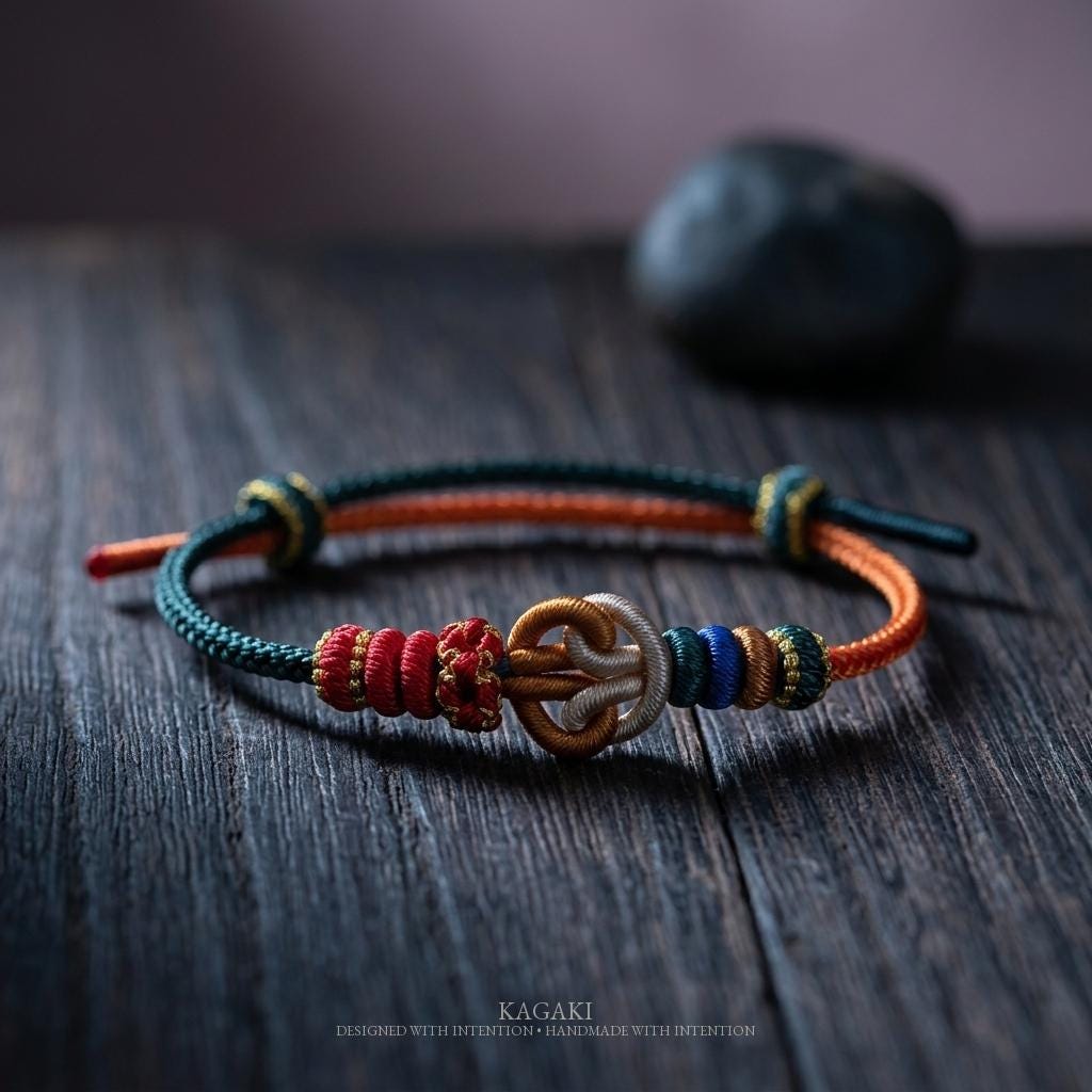KAGAKI tibetan cord friendship bracelet in multicolor, variation showcase, for meditation and daily intention