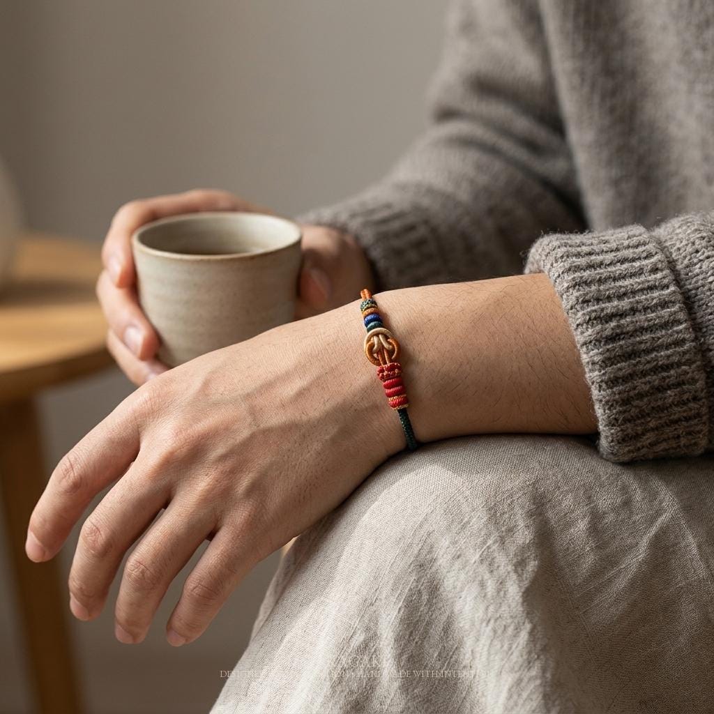 KAGAKI tibetan cord friendship bracelet in multicolor, weave detail, for meditation and daily intention